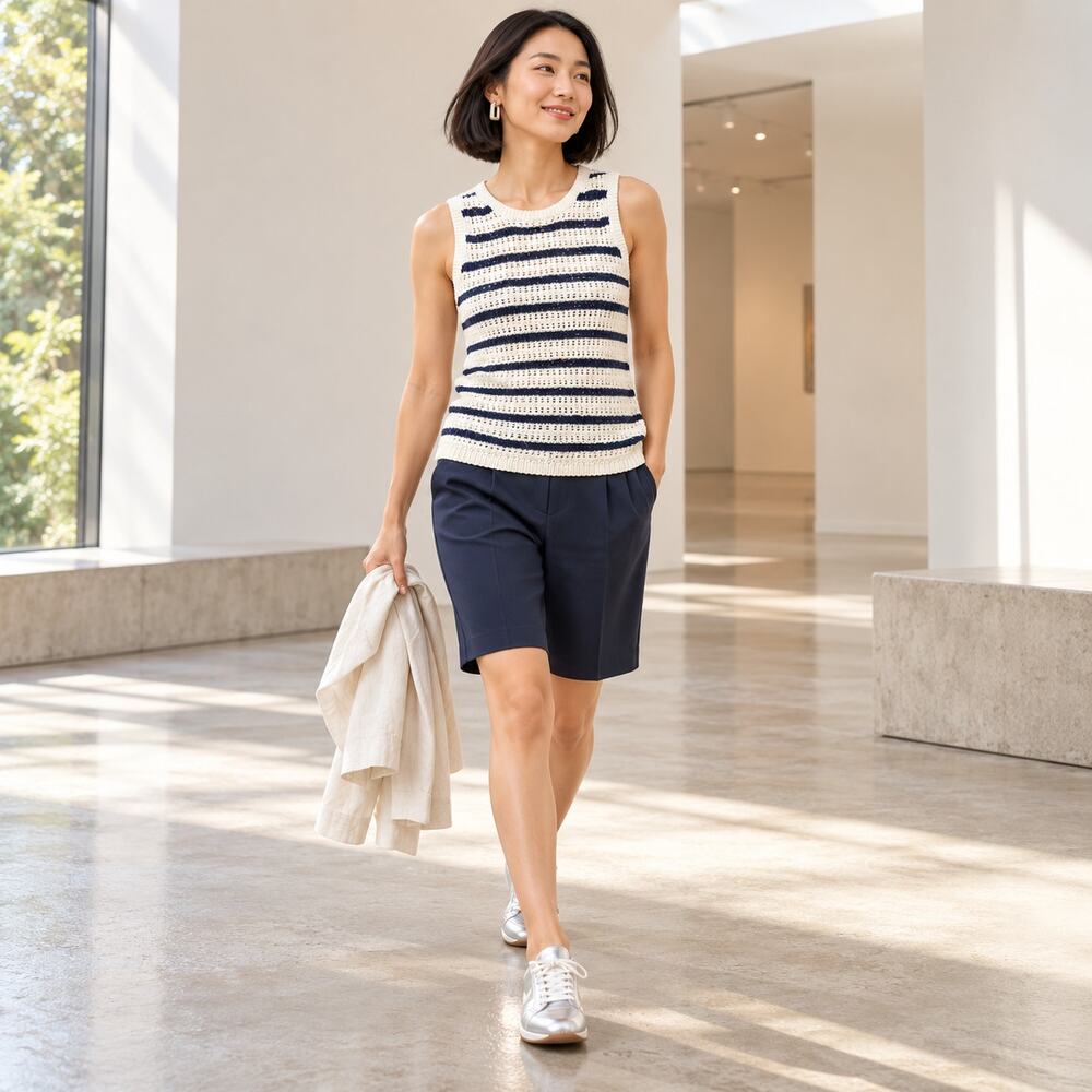 Madewell Tank Top WMNS XS Ivory Navy Stripe Crewneck Crochet Cotton Coastal Prep
